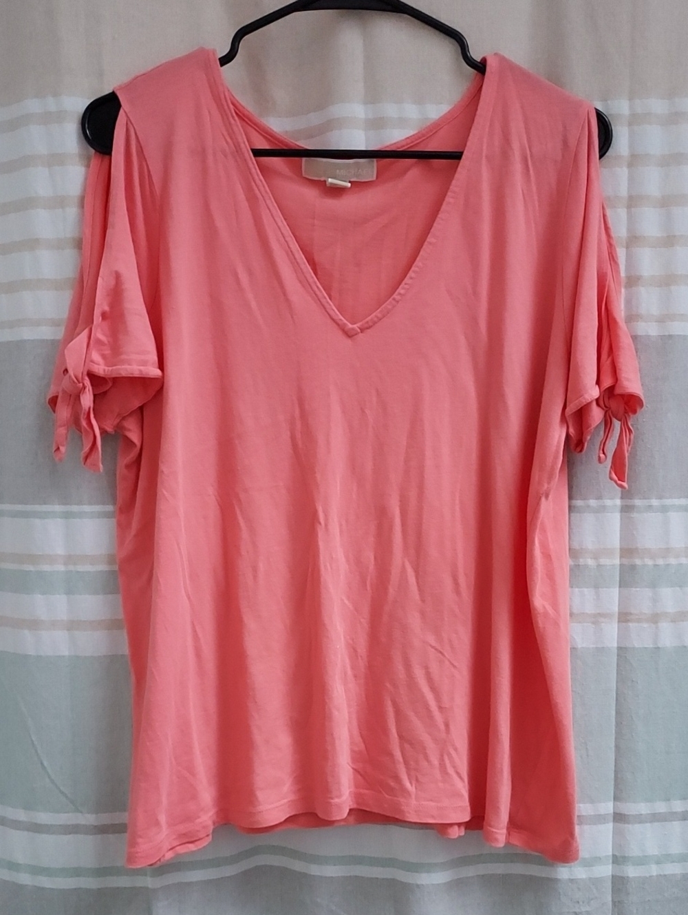 Michael Kors Coral V-Neck Cold-Shoulder Tie Sleeve Top